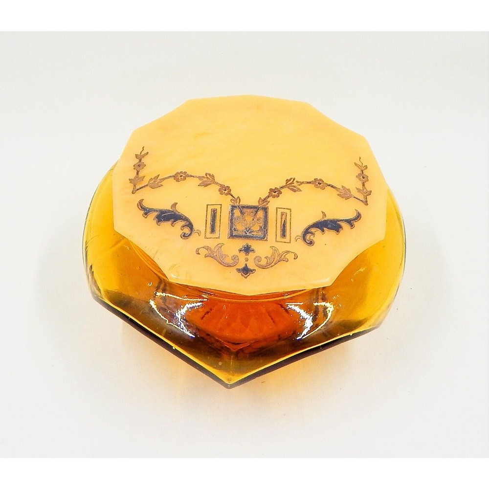Cambridge Glass Amber Art Deco Dresser Box or Powder Jar Celluloid Lid